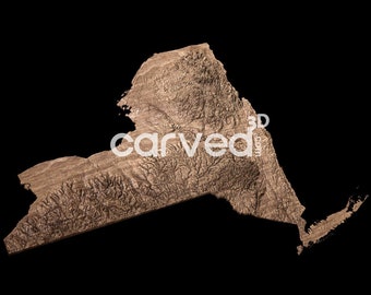 May include: A 3D relief map of the state of New York, carved from wood. The map shows the state's topography, with mountains, valleys, and rivers.