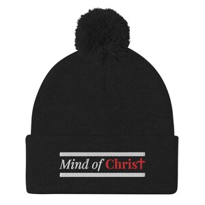 Embroidered Mind of Christ Pom Pom Beanie Hat | Jesus Lover Unisex Hat | Winter Hats Women Men Acrylic Skull Cap | Winter Acrylic Hat