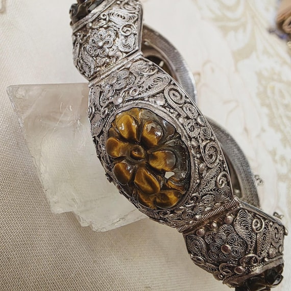 Bracelet Articulé Chinois de Collection - Argent "Silver" & Œil de Tigre Gravé -
