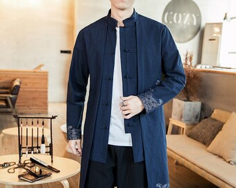Mens Chinese Style Tang Dress Qipao Robe Linen Knots Kongfu Loose Coat Tang Suit 
