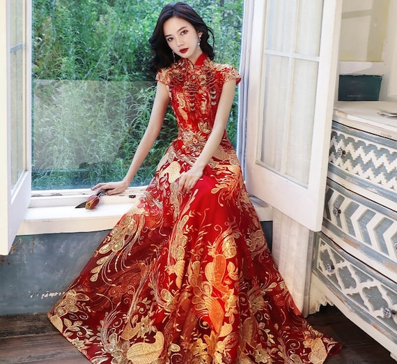 Traditional Chinese Wedding Dress Long Qipao Golden Sequins - Etsy Singapore