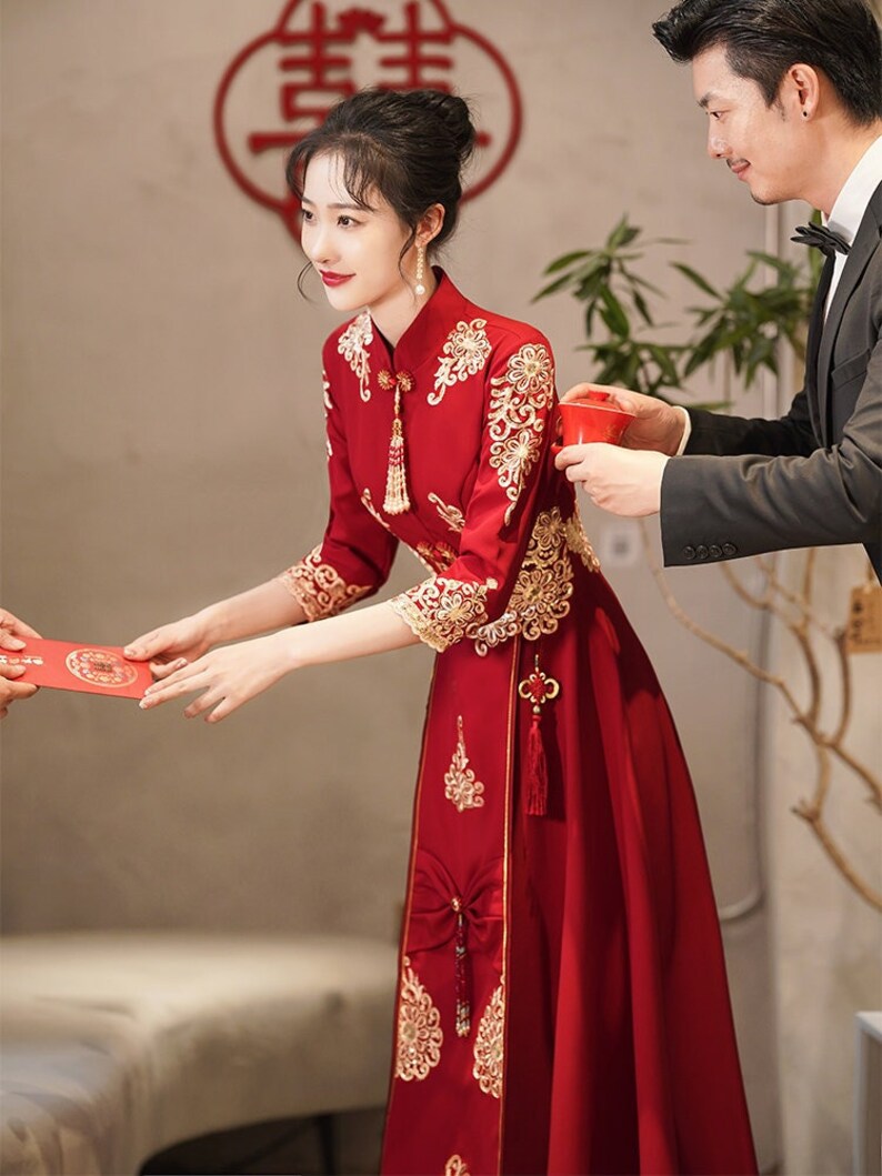 Red Qipao Chinese Wedding Dress Gold Bridal Grown Cheongsam Etsy