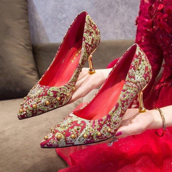 Wedding Pumps Rhinestone Shoes for Women 2023 Bride Stiletto Red