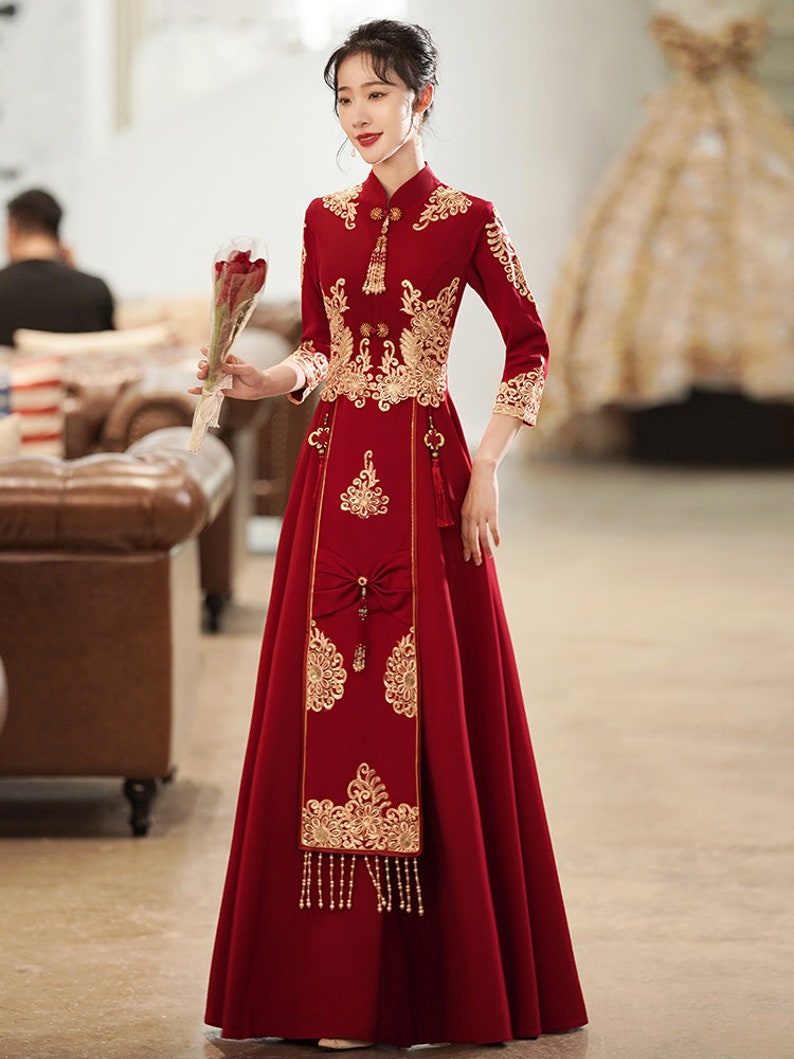 Red Qipao Chinese Wedding Dress Gold Bridal Grown Cheongsam Etsy