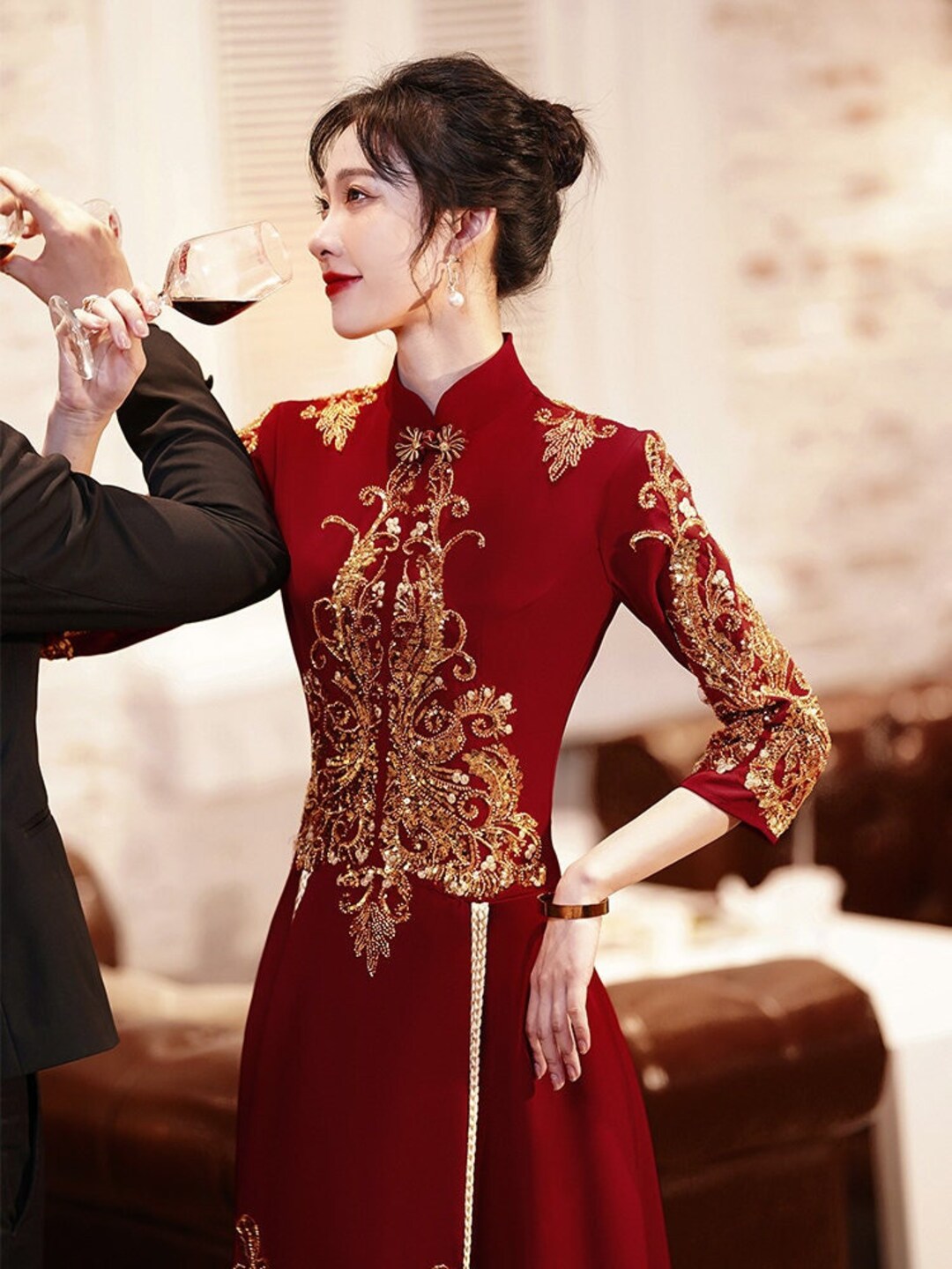 Chinese Wedding Dress Golden Sequins Chinese Dress Etsy