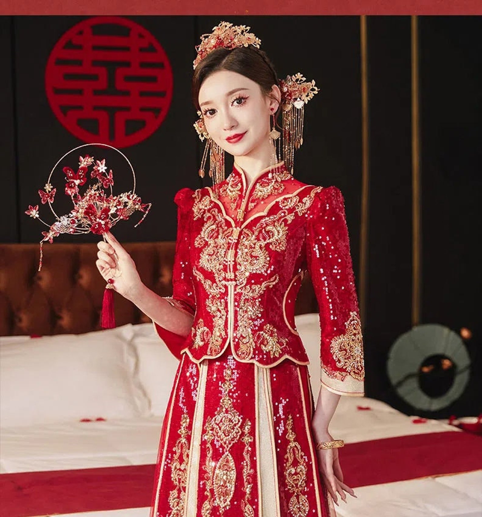 Embroidered Qun Kwa Chinese Wedding Dress Aline Golden Etsy Embroidered Qun Kwa Chinese Wedding Dress Aline Golden Etsy