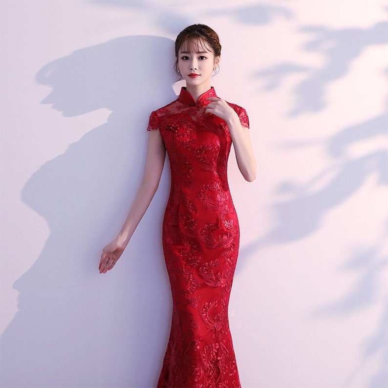 Traditional Chinese Wedding Dress Red Chinese Dress Red Lace Etsy