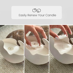 May include: A white, organically shaped candle holder with a sandy texture. The image shows the process of replacing a small, round candle within the holder. The text "Easily Renew Your Candle" is displayed above the candle holder.
