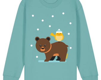Winter Bird And Bear Kids Sweater Organic Kids Bear Sweatshirt Bird Snow Childrens Jumper Winter Woodland Animals Kids Forest Top Eco Gift