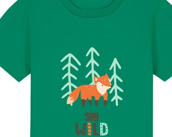 Camiseta infantil Stay Wild, camiseta infantil de zorro orgánico, camiseta de cumpleaños a juego, camiseta infantil de naturaleza, camiseta de bosque con animales, regalo de cumpleaños ecológico para niños