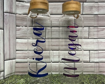 Glas Wasserflasche, Personalisierte Wasserflasche personalisierte Glasflasche, Bambus Deckel, Wasserflasche personalisiert, Geburtstagsgeschenke, Brautjungfern Geschenk