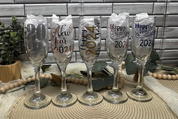 Happy New Year 2024 Champagne Glasses, Personalized Glasses, End