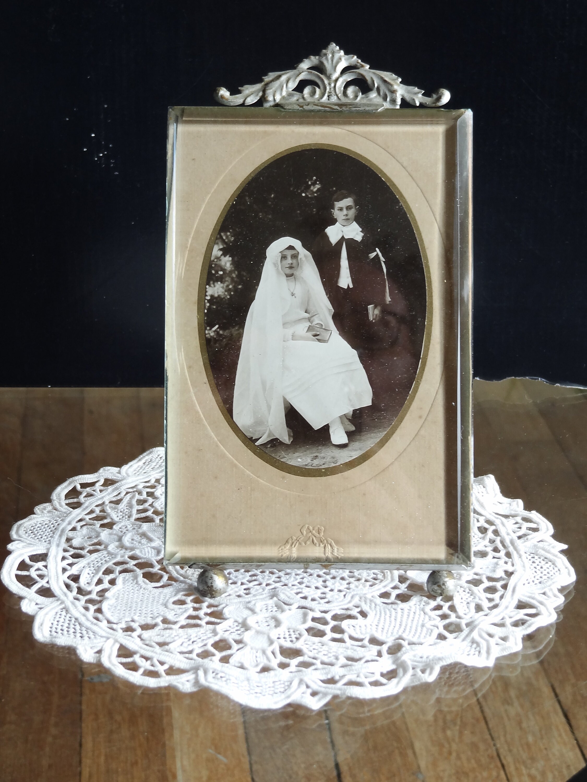 Chevalet Cadre Photo Napoléon Iii Fronton Métal Style Louis Xvi Laiton Verre Biseauté