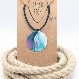 Handmade necklace made from ocean plastic; pendant round 2.5 cm