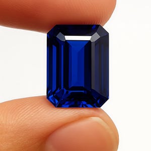 May include: A deep blue emerald cut gemstone. The gemstone is held between two fingers.