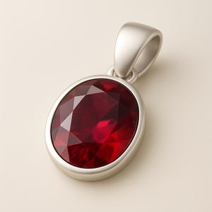 May include: A silver pendant featuring a large, oval-cut, deep red gemstone. The gem is set in a silver frame with a loop for a chain. The pendant is shown against a plain background.