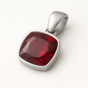 May include: A square-cut, deep red gemstone pendant with a silver-colored metal setting and bail. The gemstone has multiple facets, reflecting light. The pendant is displayed against a white background, highlighting its color and design.