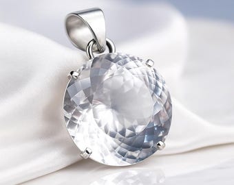 20 Ct White Sapphire Round Cut Pendant, Natural Sapphire Set in 925 Sterling Silver, Large Statement Jewelry Piece for Women, Gift for Her