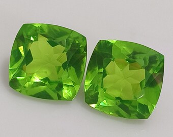 Para naturalnych kamieni szlachetnych peridot, szlif fasetowany poduszkowy, 20 karatów, 11 mm