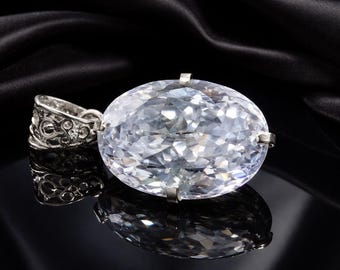 92 Ct Natural White Sapphire Oval Cut Pendant | Set in 925 Solid Silver | Elegant Statement Jewelry | Wedding Season Anniversary Gift Her