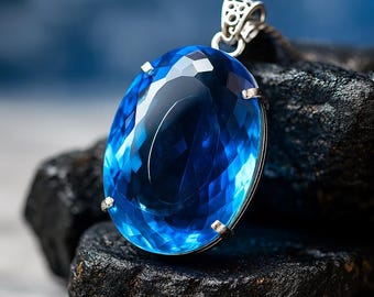 Oval Aquamarine 925 Sterling Silver Pendant - 115 Carat Blue Gemstone