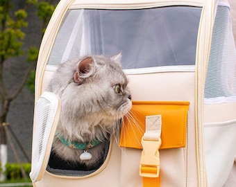 Sac à dos crémeux Mimosa Cat Carrier - Meilleur sac de transport pour chat de designer doux avec fenêtre, fabriqué en cuir végétalien durable et imperméable à l’eau