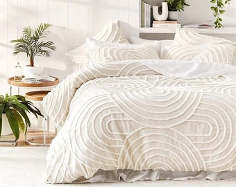 3-teiliger Bettbezug-Set aus getufteter Baumwolle, weißer / elfenbeinfarbener Bettbezug mit Kissenbezügen, Quilt-Trösterbezug für Könige / Königinnen / Zwillinge in Sondergröße,