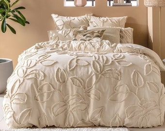 3-teiliger Bettbezug-Set aus büscheliger Baumwolle, natürlicher Bettbezug mit Kissenbezügen, Bettbezug für König / Königin / Zwillinge in benutzerdefinierter Größe,