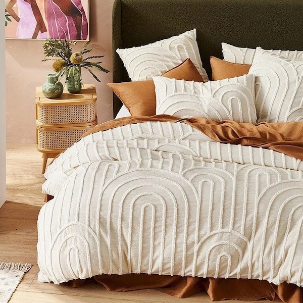 3 Piece Tufted Cotton Duvet Cover Set, White/Ivory Duvet Cover With Pillowcases, King/Queen/Twin Custom Size Quilt Comforter Cover Set,