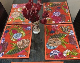 Vintage Kantha tafel placemats met runner, Boho stijl placemats, Indiase handgemaakte katoenen matten, tafel eettafel placemat runner,