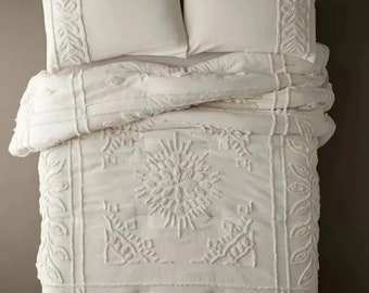 3 Stück Boho Tufted Bettwäsche King / Queen / Twin Size Baumwolle Bettbezug Set, Weiß / Elfenbein Quilt Tröster Bezug mit Kissenbezügen.