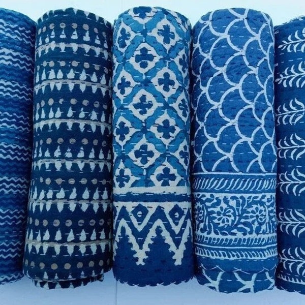 Vintage Kantha Quilt Pure Cotton Indigo Hand Block Coverlet Bohemian Recycle Comforter Throw Blanket's