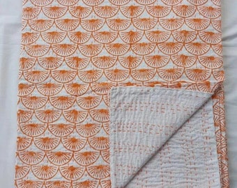 Orange Block Print Cotton Kantha Quilt King/Twin Size  Kantha Throw Blanket Hand Stitched Bohemian Quilt For Sale Handmade Bedspread.