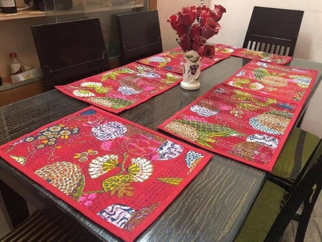 Fruit Print Vintage Kantha Table Placemats With Runner, Boho Style