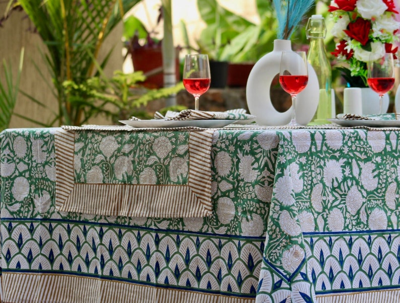 Boho Vintage Block Print Tablecloth Square/Rectangle/Round Custom Table Cover With Napkin/Placemat/Runner Handmade Table Top Decor Set. Pattern - 02