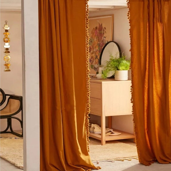 WINDOW CURTAINS, Burnt Orange 100% Cotton Custom Curtains, Living Room Window Curtains And Window Treatment Drapes Door 2 Panel Boho Curtain