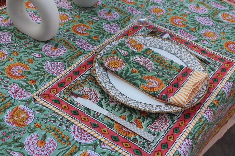 Boho Vintage Block Print Tablecloth Square/Rectangle/Round Custom Table Cover With Napkin/Placemat/Runner Handmade Table Top Decor Set. image 2