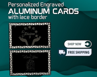 Aluminum Business Card; black lace border business card; custom engraved card, personalized card; engraved QR code business card