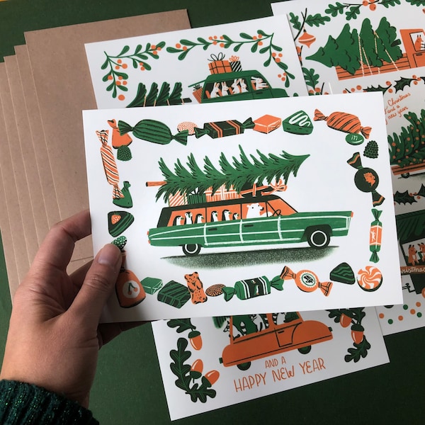 Set of 6 Christmas cards, ‘animals in cars’