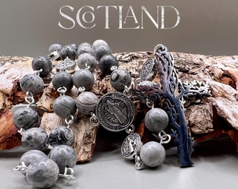 Handmade in Scotland Rosary Beads Italian Marble Tree of Life Miraculous Medal Virgin Mary Saint Benedict Charm Protection Celtic Silver