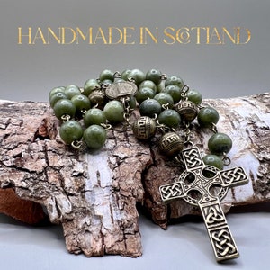 Traditional Catholic Rosary with Celtic Cross Natural Green Jade Stone stone designed and made in Scotland
