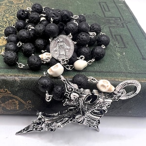 Handmade in Scotland Gothic Lava Day of the Dead Virgin Mary Christian Catholic Rosary Prayer Stone Beads skull