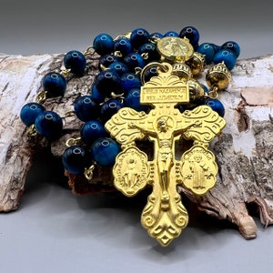 Handmade in Scotland Rosary Beads Peacock Tigers Eye Pardon Crucifix Saint Benedict Virgin Mary