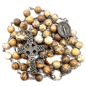 Handmade Catholic Rosary: Celtic Cross, Granite Beads, Antiqued Brass