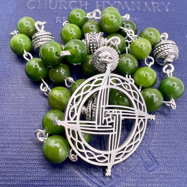 Handmade in Scotland Celtic Knot Anglican Rosary Beads Prayer Olive Green Agate Silver