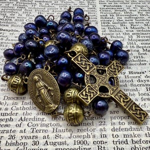 Handmade Black Pearl Rosary: Antiqued Brass Celtic Cross, Miraculous Medal