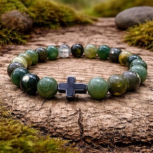 Green Moss Agate Rosary Bracelet: Handmade Scottish Catholic Crucifix