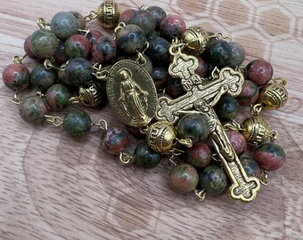 Handmade in Scotland Unakite Green and Pink Granite Catholic Rosary Virgin Mary Miraculous Medal Mother with Dominican Cross