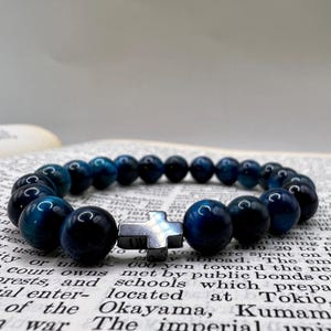Handmade Scottish Blue Tiger&#39;s Eye Rosary Bracelet with Hematite Cross