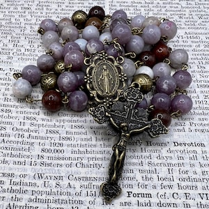 Handmade in Scotland Antiqued Brass and Dusky victorian purple agate 8mm beads Victorian French Gothic Starburst Cross Catholic rosary